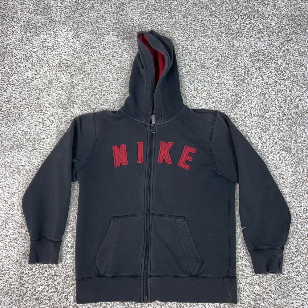 Nike Hoodie Boys Medium 10-12 Black Full Zip Fleece Logo Sweatshirt Top Spellout